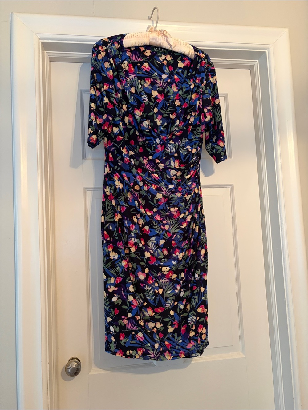 Lauren 12 Floral Wrap-Style Womens Dress in Navy w/Pink&Green Accents